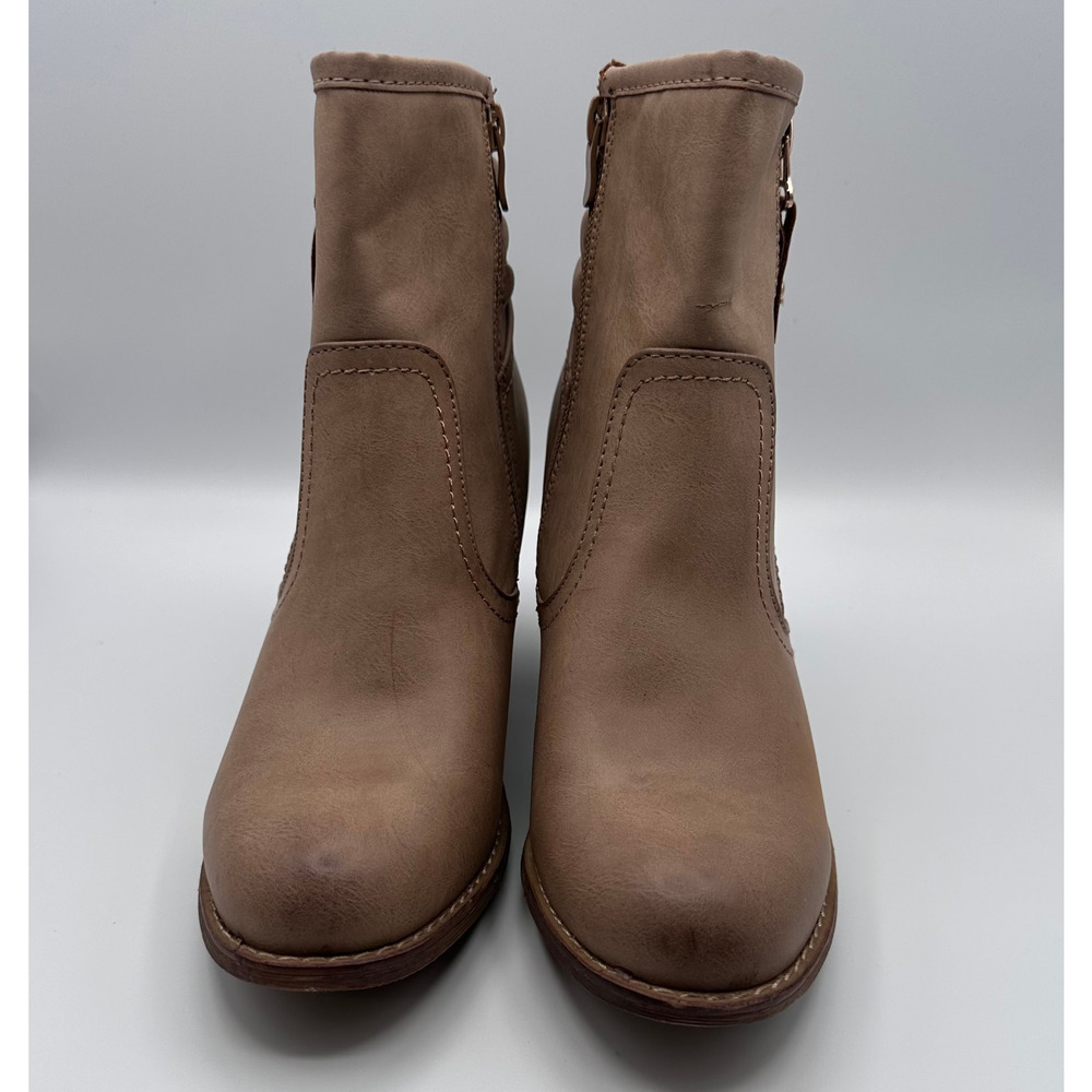 Via PINKY Taupe Faux Leather Ankle Boots 8.5 Block Heel Zip Booties